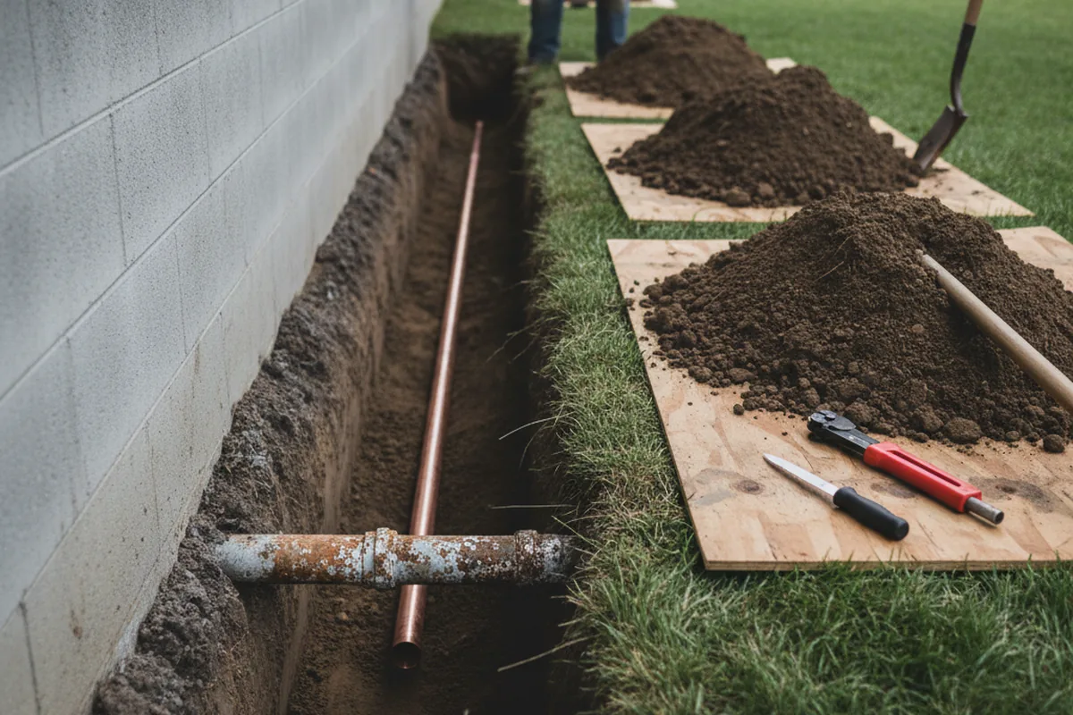 Excavated water line trench during Sewer Line Repair in Pickens